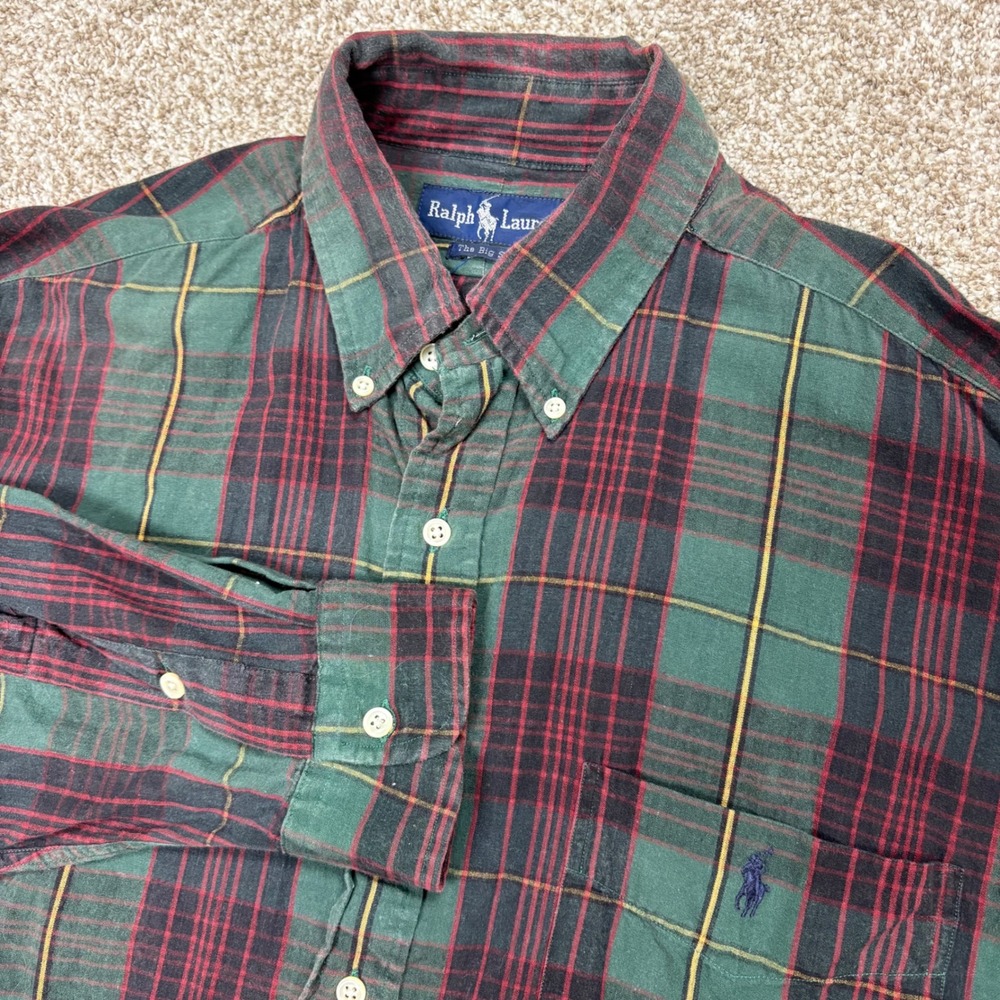 VTG Ralph Lauren Button Down Mens Medium Green Red Plaid The Big Shirt Oversized
